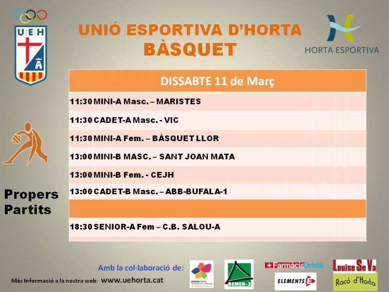 Activitat esportiva del cap de setmana del 10-12 de març