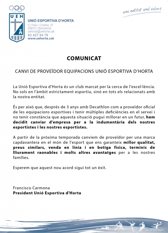 COMUNICAT Canvi de proveïdor equipacions UEH