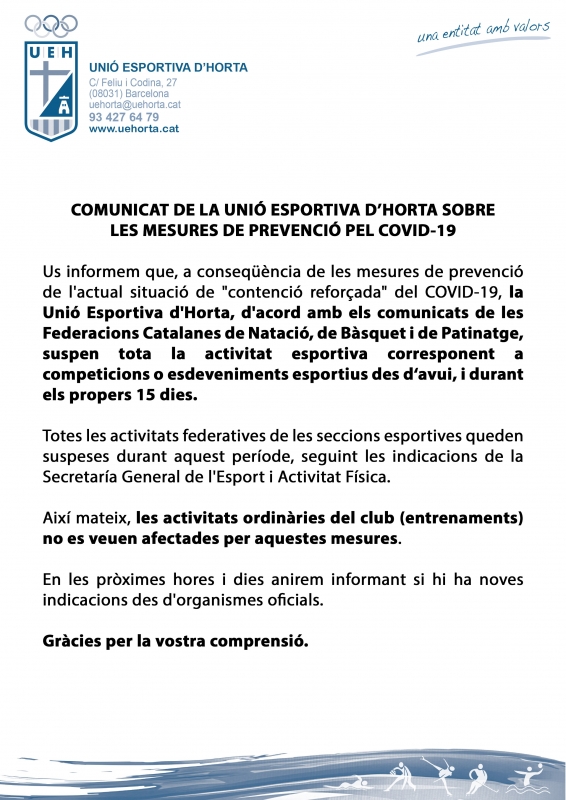 COMUNICAT DE LA UNIÓ ESPORTIVA D’HORTA SOBRE LES MESURES DE PREVENCIÓ PEL COVID-19