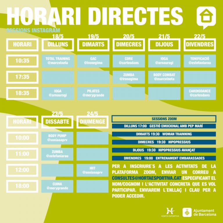 PROGRAMACIÓ SETMANAL DE SESSIONS VIRTUALS EN DIRECTE DE HORTA ESPORTIVA