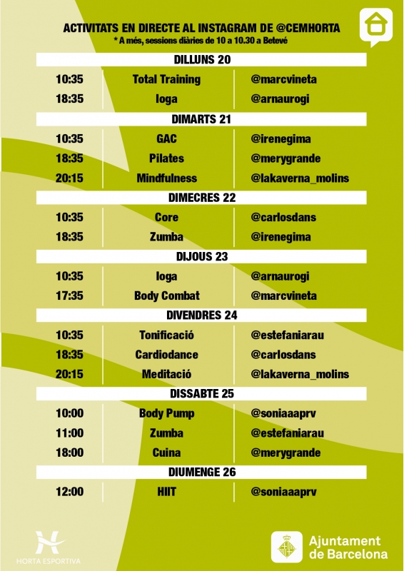 PROGRAMACIÓ SETMANAL DE SESSIONS EN DIRECTE AL INSTAGRAM DE @CEMHORTA