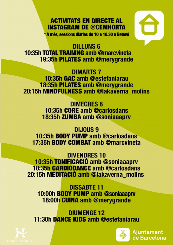 Programació setmanal de sessions en directe al Instagram de @cemhorta