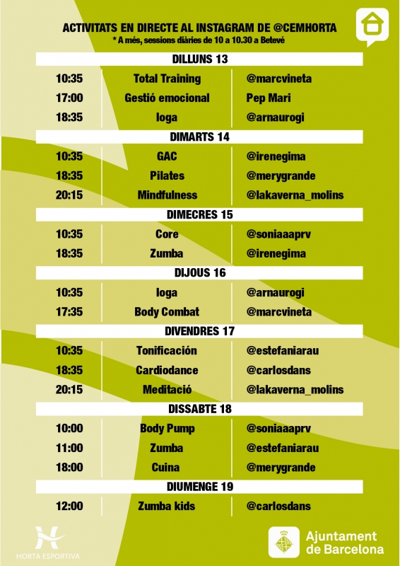 Programació setmanal de sessions en directe al Instagram de @cemhorta