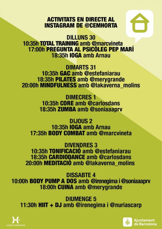 Programació setmanal de sessions en directe al Instagram de @cemhorta