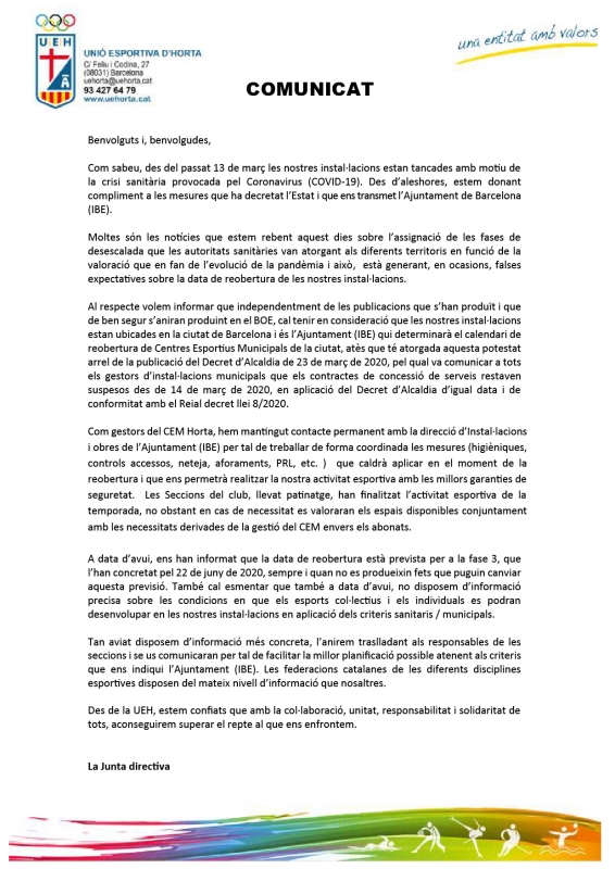 COMUNICAT DE LA UNIÓ ESPORTIVA D’HORTA SOBRE LA REOBERTURA
